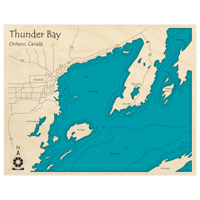 Bathymetric topo map of Thunder Bay with roads, towns and depths noted in blue water