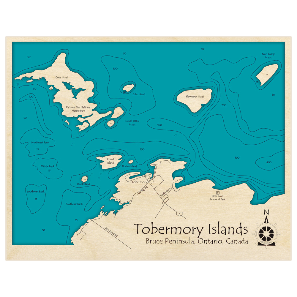 Bathymetric topo map of Tobermory Islands with roads, towns and depths noted in blue water