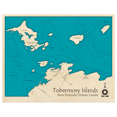 Bathymetric topo map of Tobermory Islands with roads, towns and depths noted in blue water