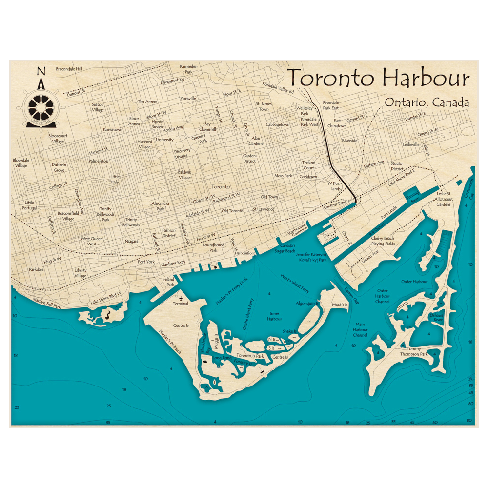 Bathymetric topo map of Toronto Harbour with roads, towns and depths noted in blue water