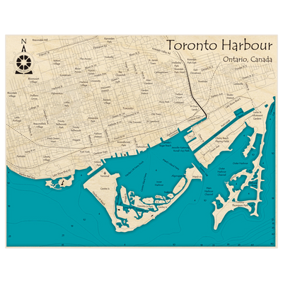Bathymetric topo map of Toronto Harbour with roads, towns and depths noted in blue water