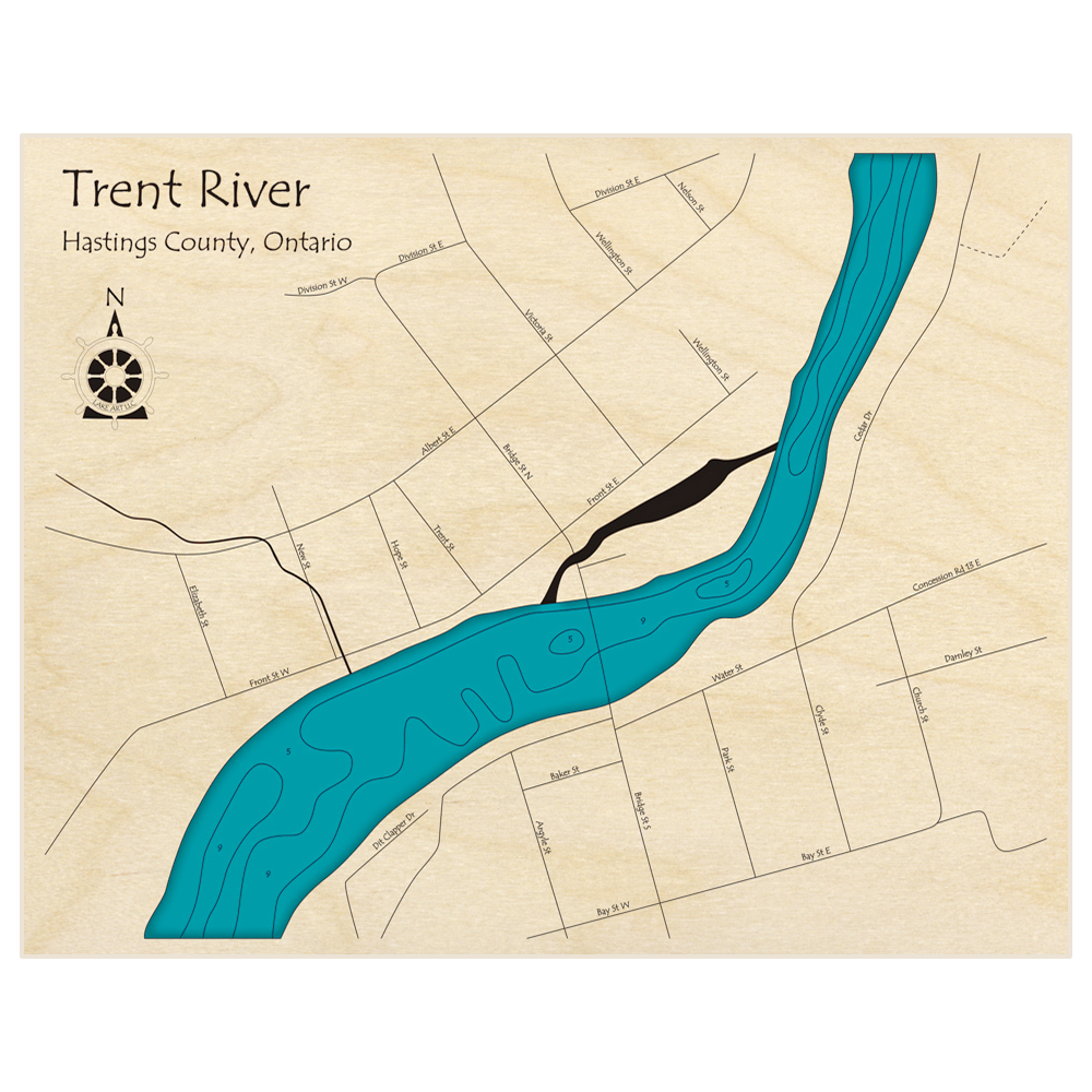 Bathymetric topo map of Trent River  (at Hastings) with roads, towns and depths noted in blue water