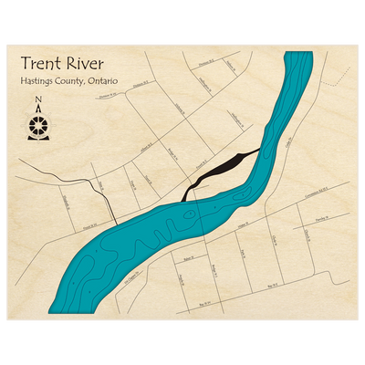Bathymetric topo map of Trent River  (at Hastings) with roads, towns and depths noted in blue water