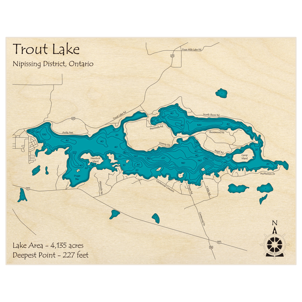 Bathymetric topo map of Trout Lake with roads, towns and depths noted in blue water
