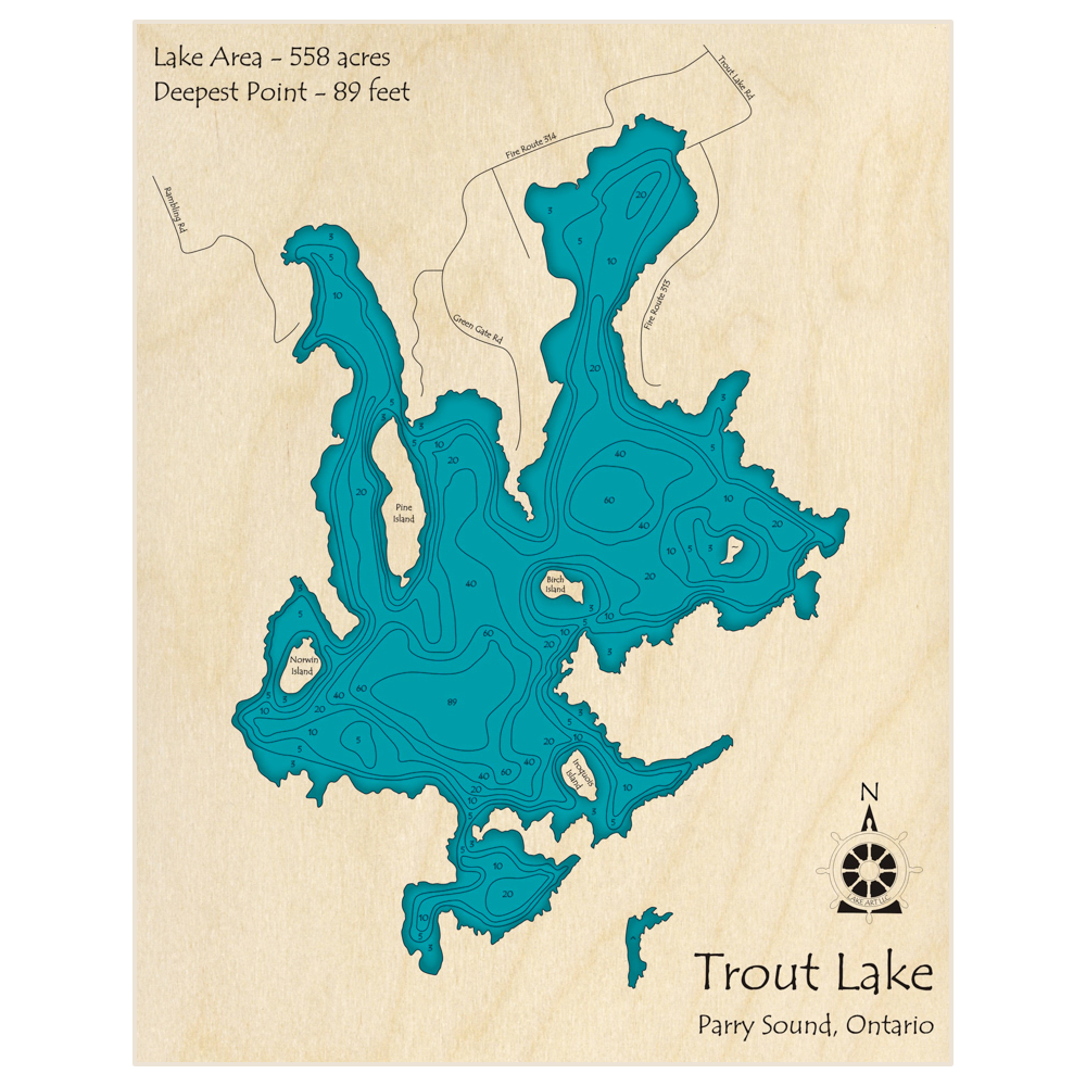 Bathymetric topo map of Trout Lake with roads, towns and depths noted in blue water