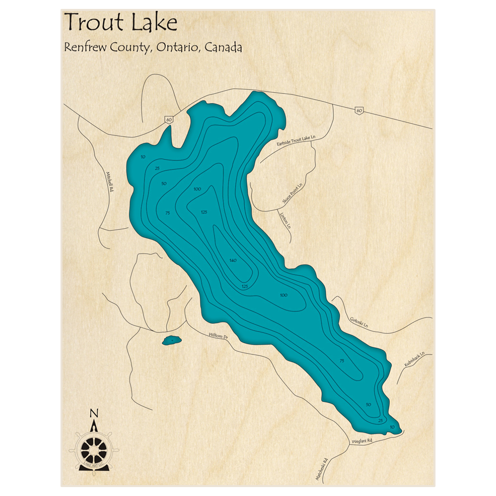 Bathymetric topo map of Trout Lake with roads, towns and depths noted in blue water