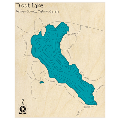 Bathymetric topo map of Trout Lake with roads, towns and depths noted in blue water