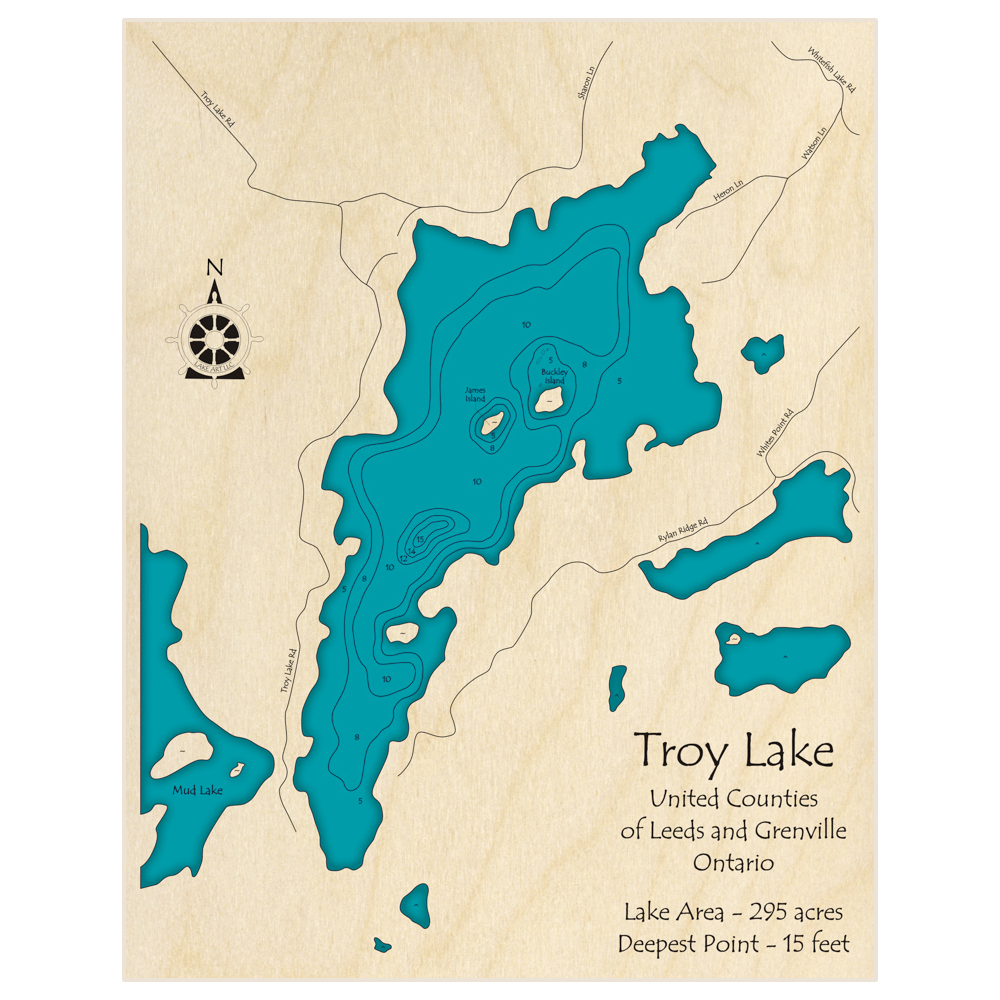 Bathymetric topo map of Troy Lake with roads, towns and depths noted in blue water