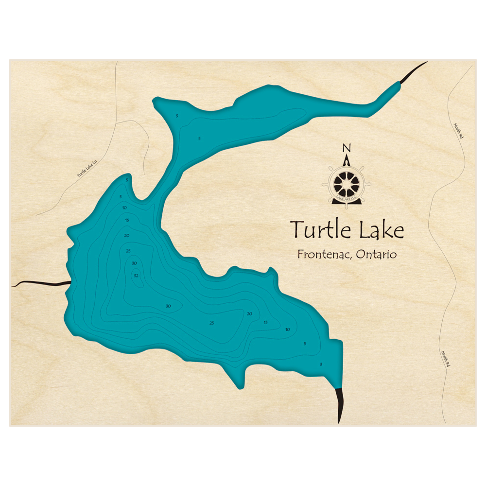 Bathymetric topo map of Turtle Lake with roads, towns and depths noted in blue water