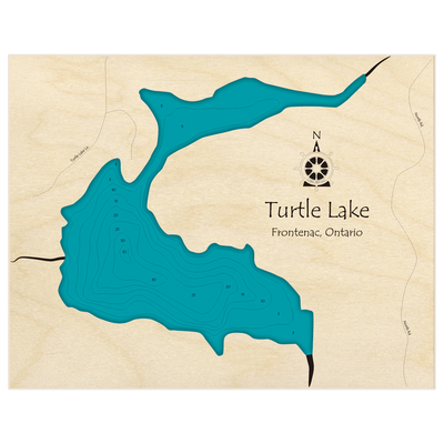 Bathymetric topo map of Turtle Lake with roads, towns and depths noted in blue water