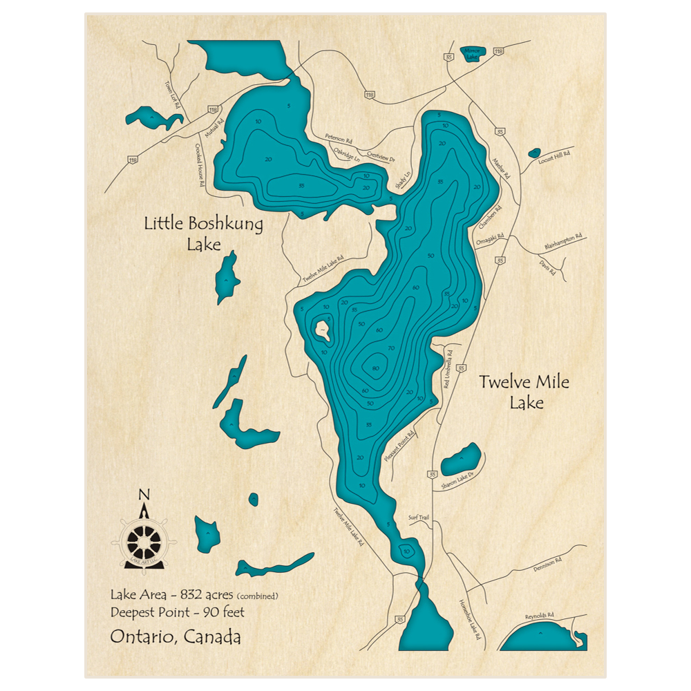 Bathymetric topo map of Twelve Mile Lake with Little Boshkung Lake with roads, towns and depths noted in blue water