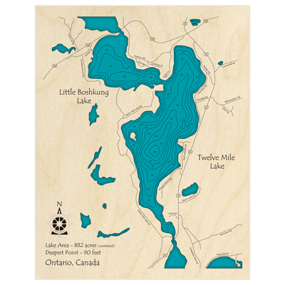 Bathymetric topo map of Twelve Mile Lake with Little Boshkung Lake with roads, towns and depths noted in blue water