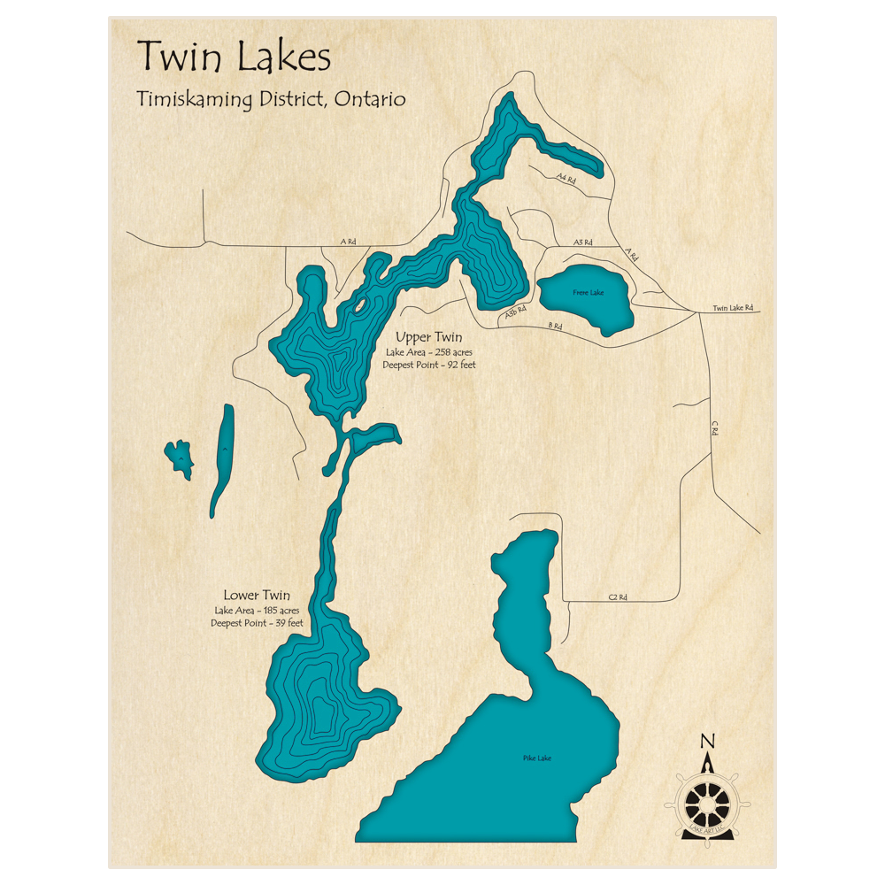 Bathymetric topo map of Twin Lakes (near Hudson) with roads, towns and depths noted in blue water