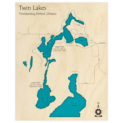 Bathymetric topo map of Twin Lakes (near Hudson) with roads, towns and depths noted in blue water