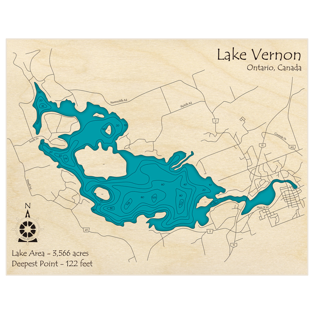 Bathymetric topo map of Lake Vernon with roads, towns and depths noted in blue water