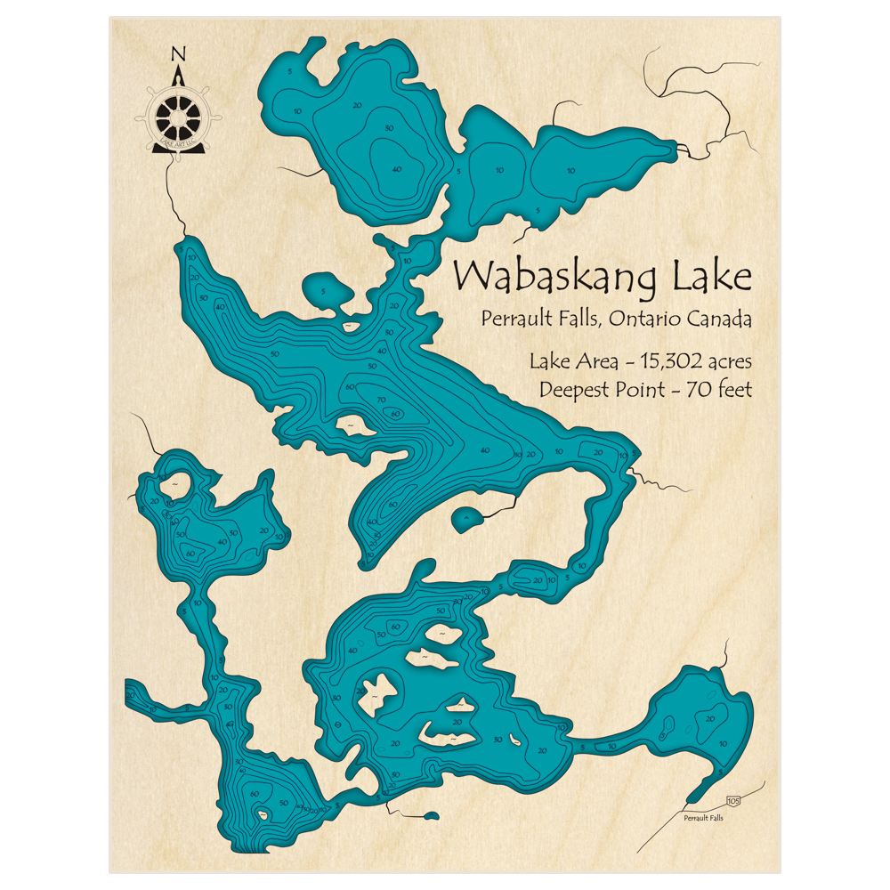 Bathymetric topo map of Wabaskang Lake with roads, towns and depths noted in blue water