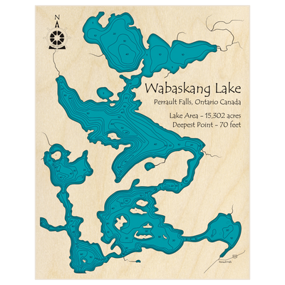 Bathymetric topo map of Wabaskang Lake with roads, towns and depths noted in blue water