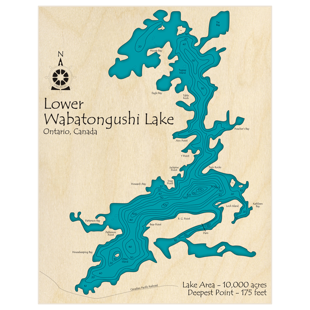 Bathymetric topo map of Lower Wabatongushi Lake with roads, towns and depths noted in blue water