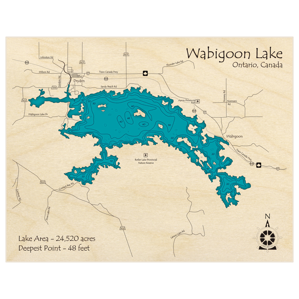 Bathymetric topo map of Wabigoon Lake with roads, towns and depths noted in blue water