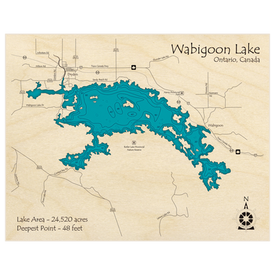 Bathymetric topo map of Wabigoon Lake with roads, towns and depths noted in blue water
