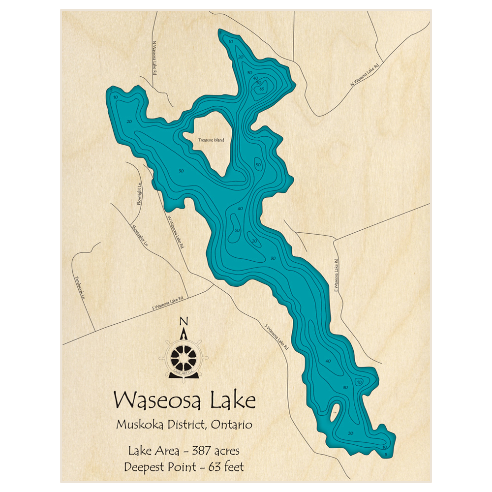 Bathymetric topo map of Waseosa Lake with roads, towns and depths noted in blue water