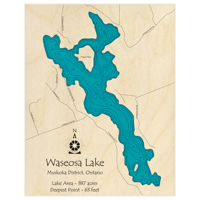 Bathymetric topo map of Waseosa Lake with roads, towns and depths noted in blue water