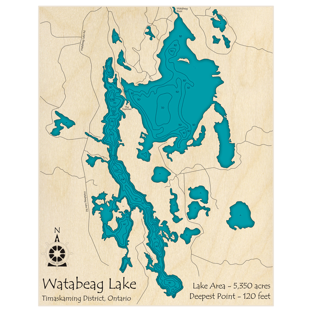 Bathymetric topo map of Watabeag Lake with roads, towns and depths noted in blue water