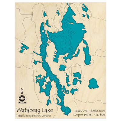 Bathymetric topo map of Watabeag Lake with roads, towns and depths noted in blue water
