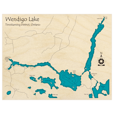 Bathymetric topo map of Wendigo Lake with roads, towns and depths noted in blue water