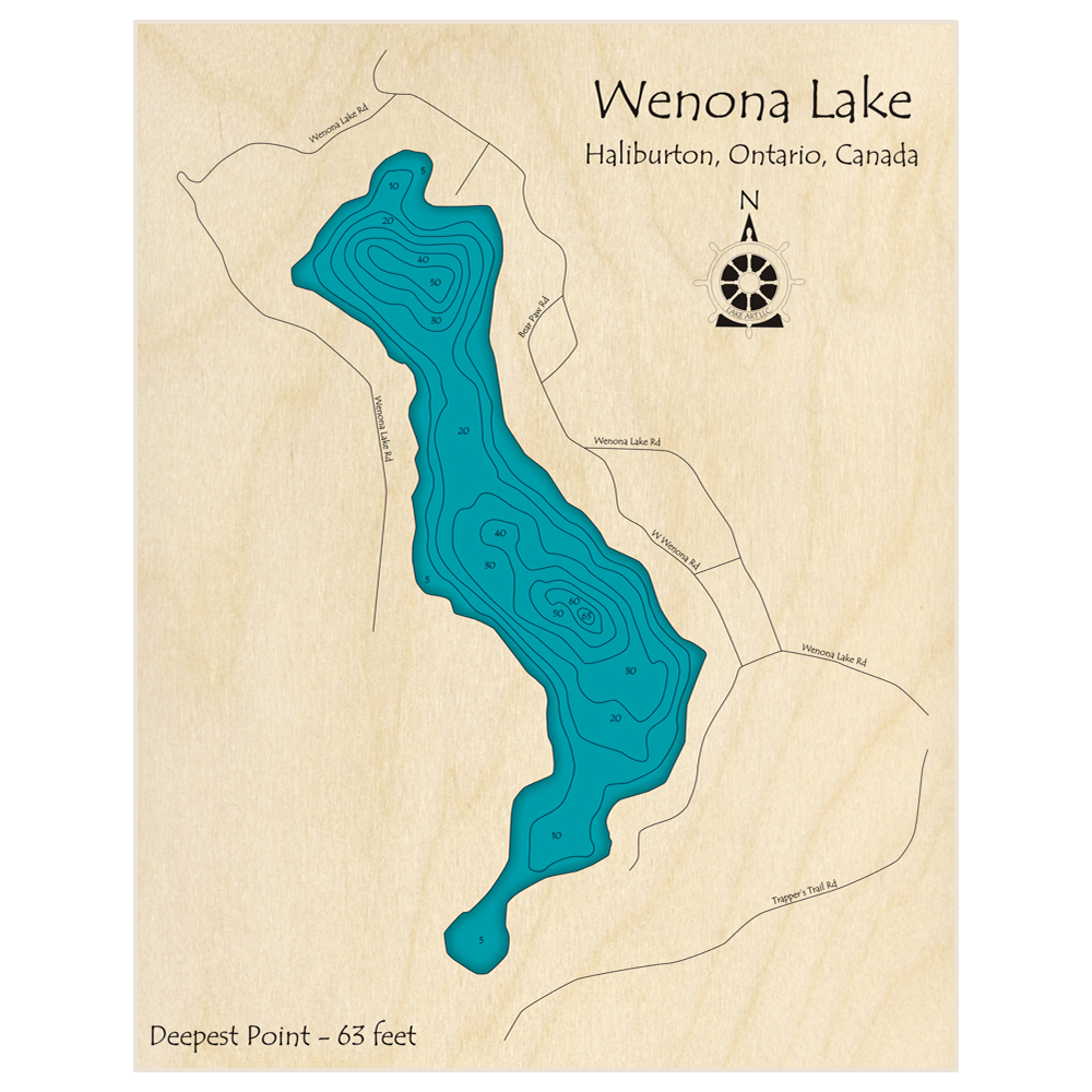 Bathymetric topo map of Wenona Lake with roads, towns and depths noted in blue water