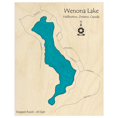 Bathymetric topo map of Wenona Lake with roads, towns and depths noted in blue water