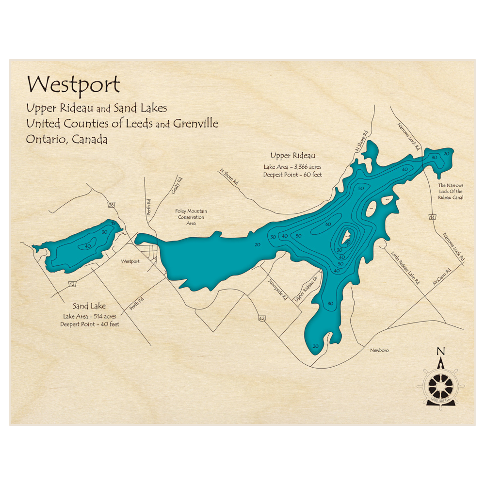 Bathymetric topo map of Westport – Rideau Lake (Upper with Sand Lake) with roads, towns and depths noted in blue water