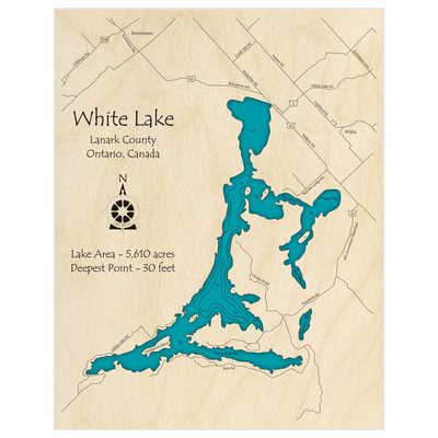 Bathymetric topo map of White Lake with roads, towns and depths noted in blue water