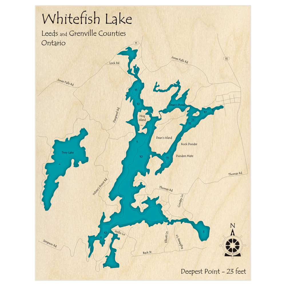 Bathymetric topo map of Whitefish Lake with roads, towns and depths noted in blue water