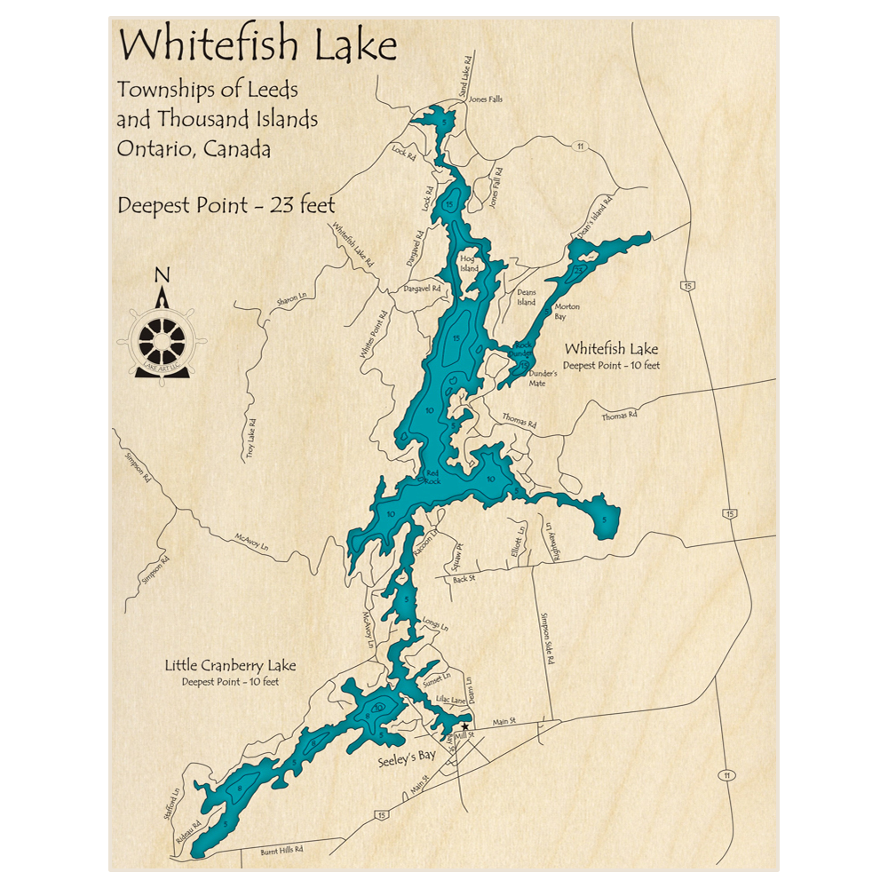 Bathymetric topo map of Whitefish Lake (With Little Cranberry Lake) with roads, towns and depths noted in blue water