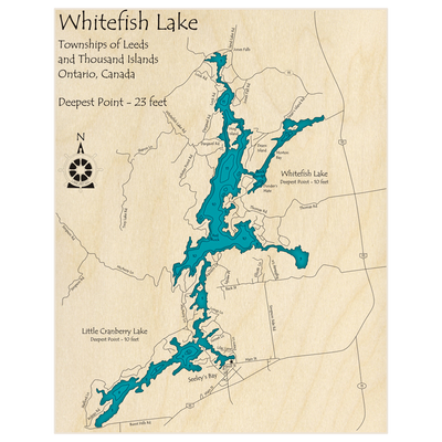 Bathymetric topo map of Whitefish Lake (With Little Cranberry Lake) with roads, towns and depths noted in blue water