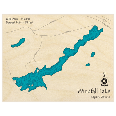 Bathymetric topo map of Windfall Lake  with roads, towns and depths noted in blue water