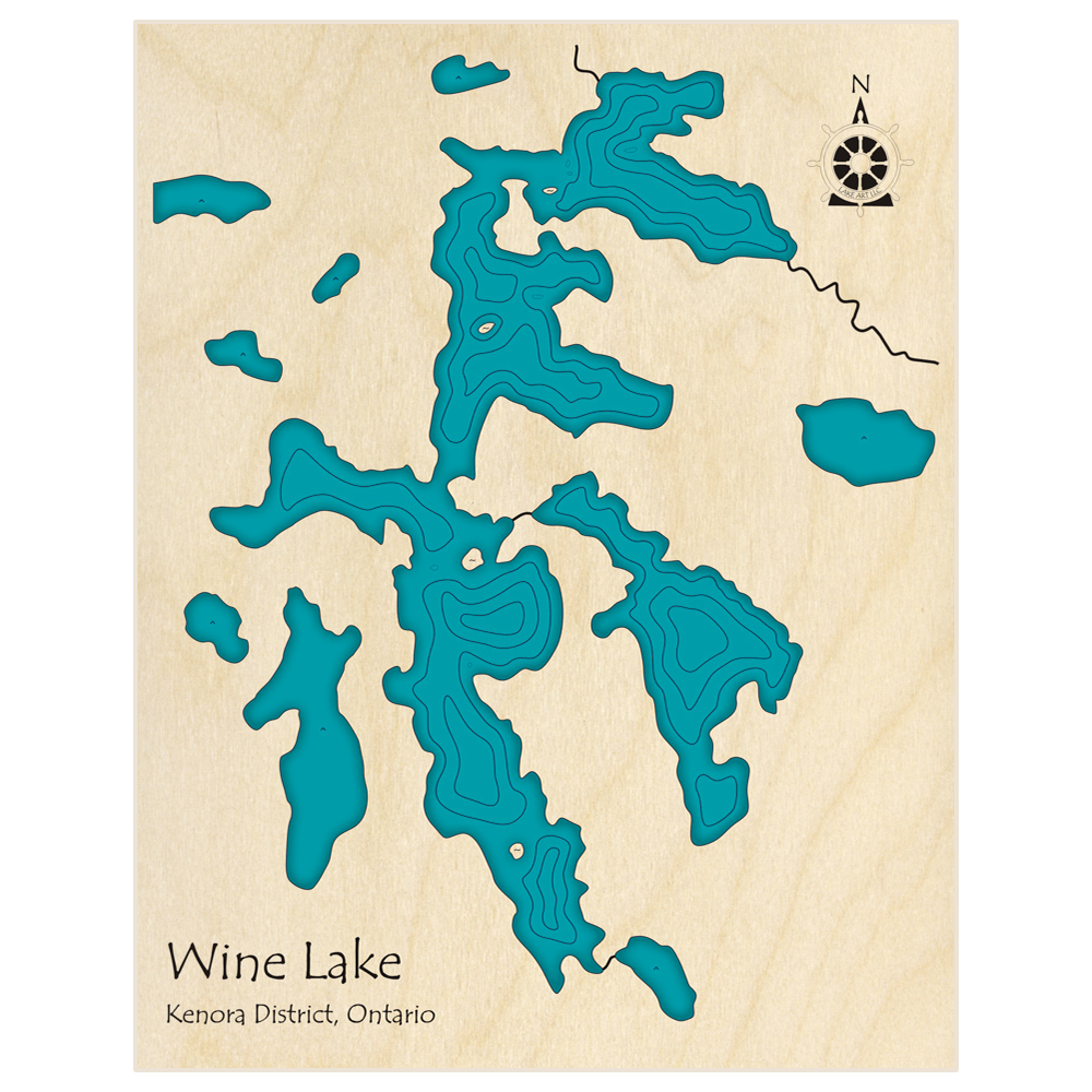Bathymetric topo map of Wine Lake  with roads, towns and depths noted in blue water