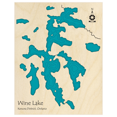 Bathymetric topo map of Wine Lake  with roads, towns and depths noted in blue water