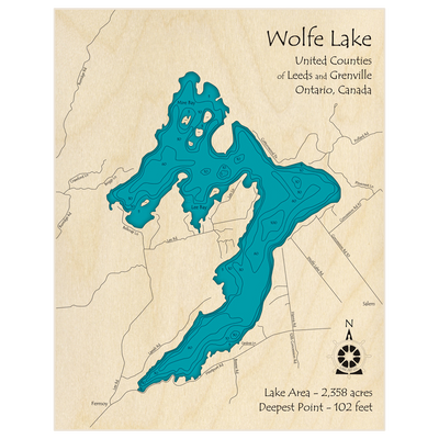 Bathymetric topo map of Wolfe Lake with roads, towns and depths noted in blue water
