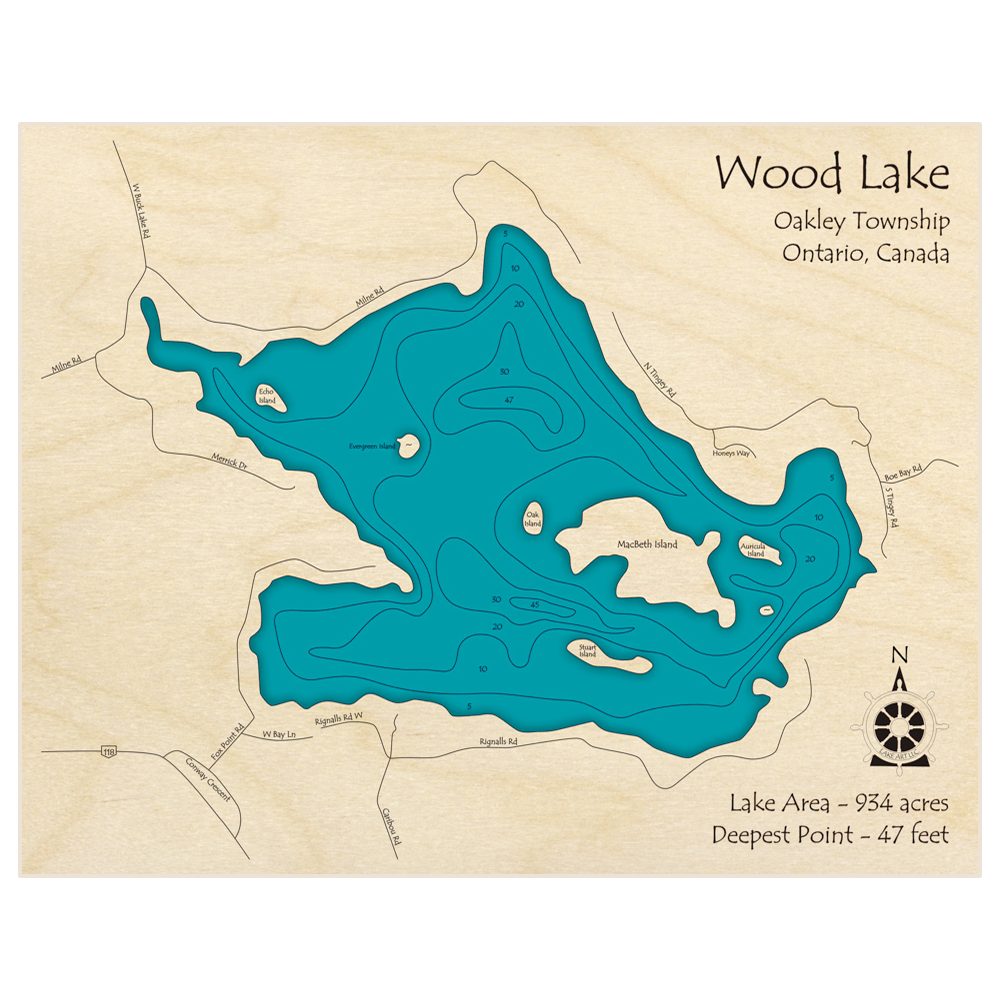 Bathymetric topo map of Wood Lake with roads, towns and depths noted in blue water