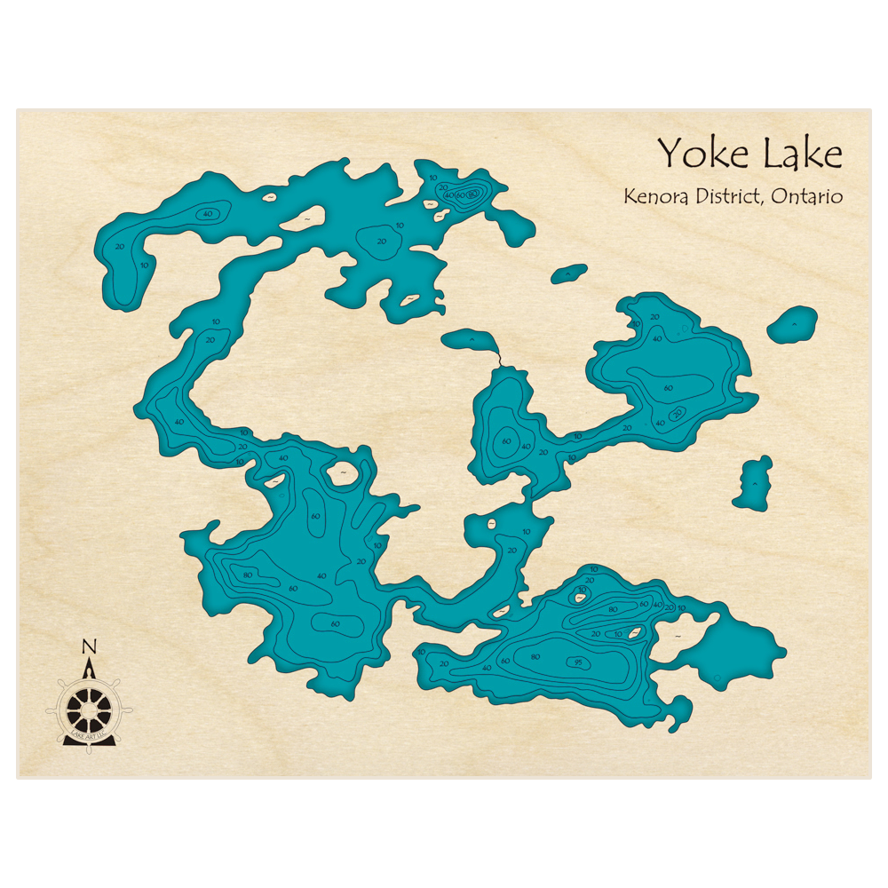 Bathymetric topo map of Yoke Lake with roads, towns and depths noted in blue water