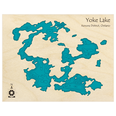 Bathymetric topo map of Yoke Lake with roads, towns and depths noted in blue water