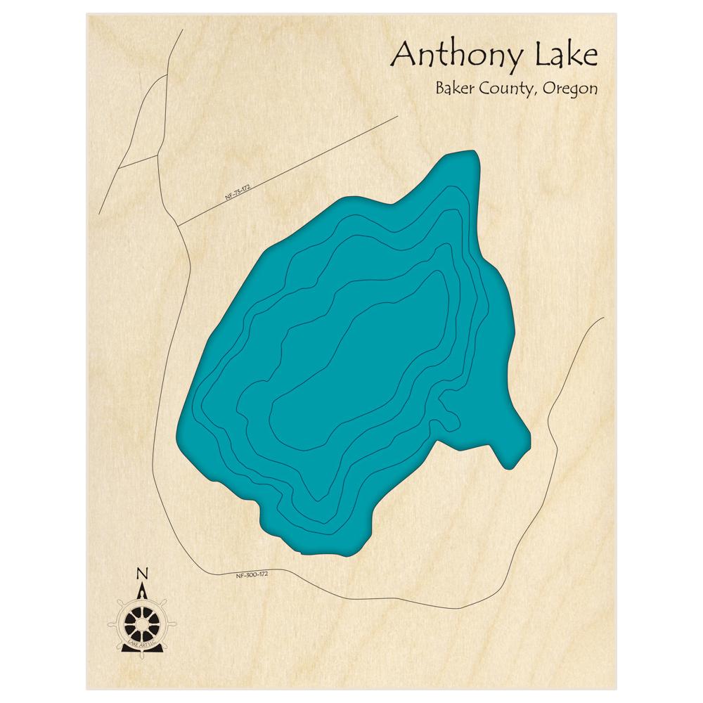 Bathymetric topo map of Anthony Lake  with roads, towns and depths noted in blue water