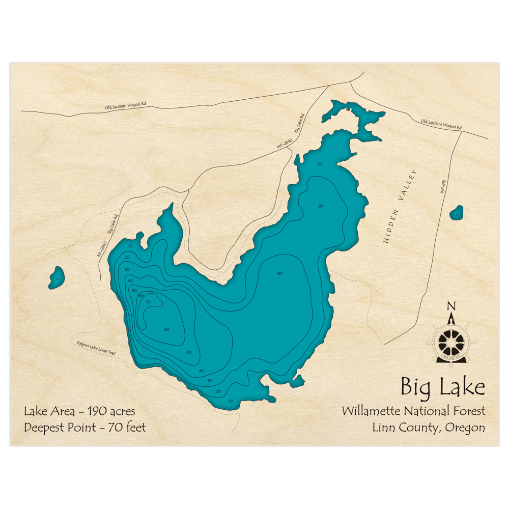 Bathymetric topo map of Big Lake (Willamette National Forest) with roads, towns and depths noted in blue water