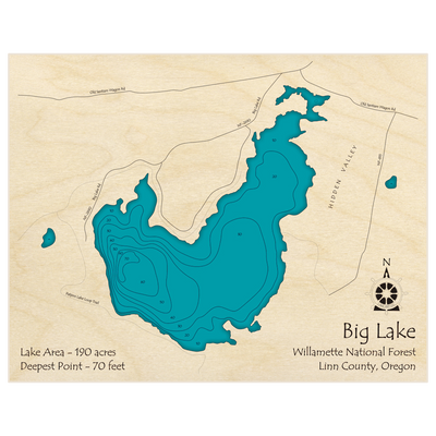 Bathymetric topo map of Big Lake (Willamette National Forest) with roads, towns and depths noted in blue water