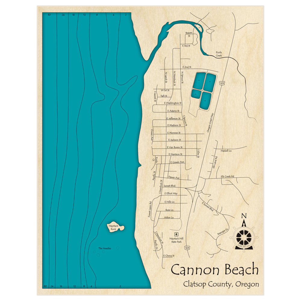 Bathymetric topo map of Cannon Beach with roads, towns and depths noted in blue water
