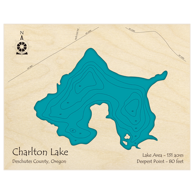 Bathymetric topo map of Charlton Lake with roads, towns and depths noted in blue water