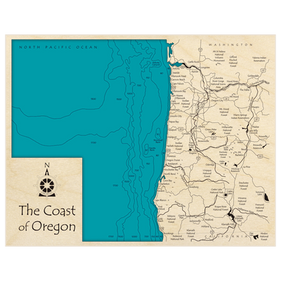 Bathymetric topo map of Coast of Oregon with roads, towns and depths noted in blue water