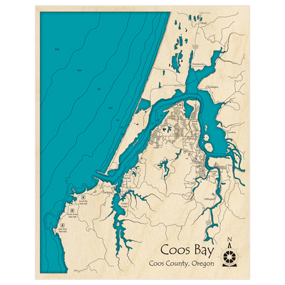 Bathymetric topo map of Coos Bay with roads, towns and depths noted in blue water